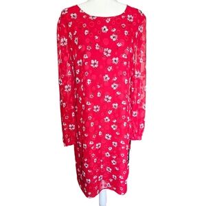 Karl Lagerfeld New Red Floral Cherry Blossom Sheer Long Sleeve Midi Dress